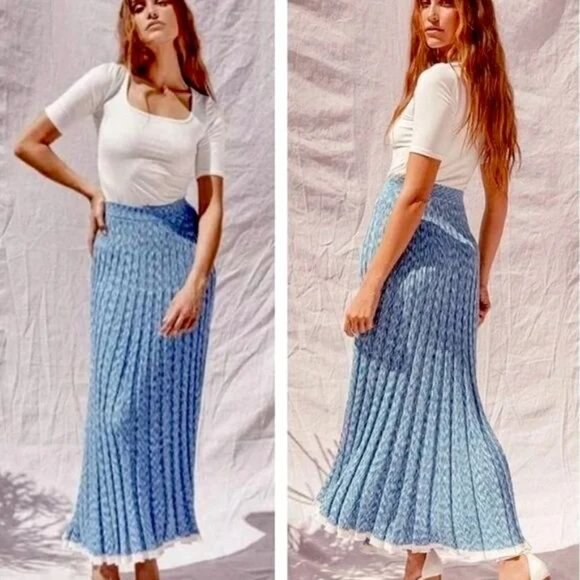 Free People Gold Coast Knit Maxi Skirt in Bottle Blue, size Medium - Picture 2 of 13